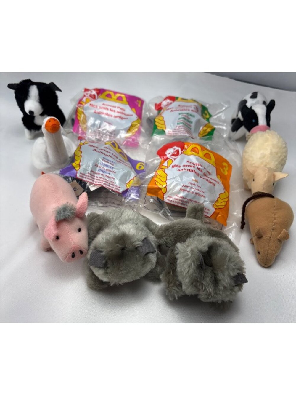 1997 McDonalds Animal Pals Happy Meal Plush Toys Set Panda Yak Babe Rhino Fun